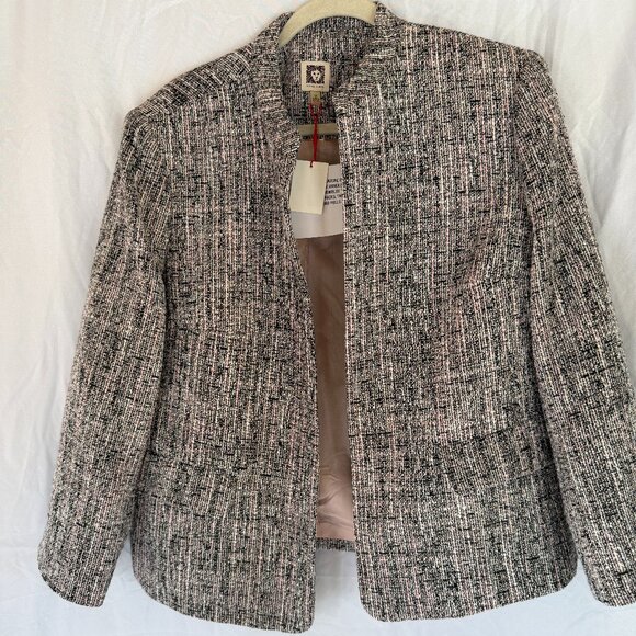New Anne Klein Tweed Jacket Women Size 16 Gray Pink Collarless Structured Blazer - Picture 1 of 10